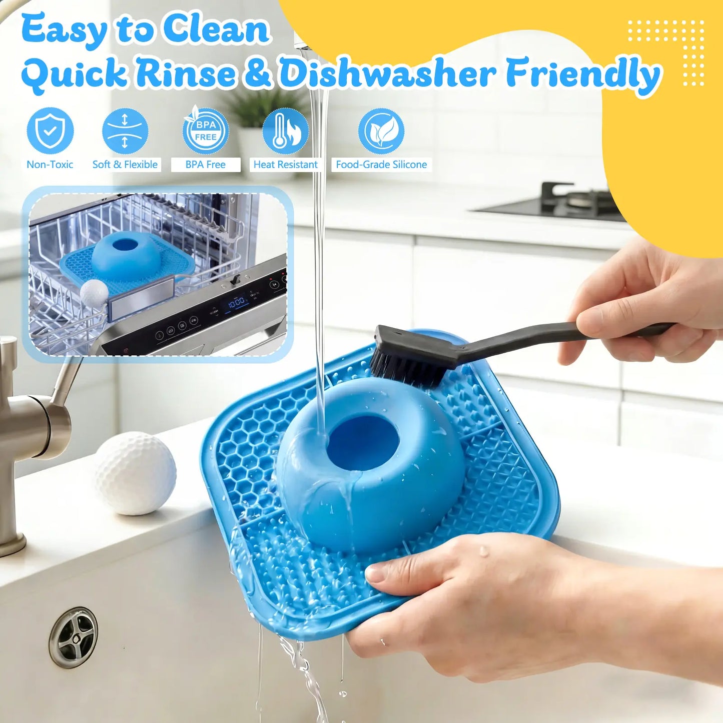 Anti-Slip Slow Feeder Dog Bowl and Lick Mat with Interactive Rolling Ball for Liquid and Thick Treats, Suitable for Large, Medium, and Small Dogs and Cats - Blue, 5/6 Cup Capacity