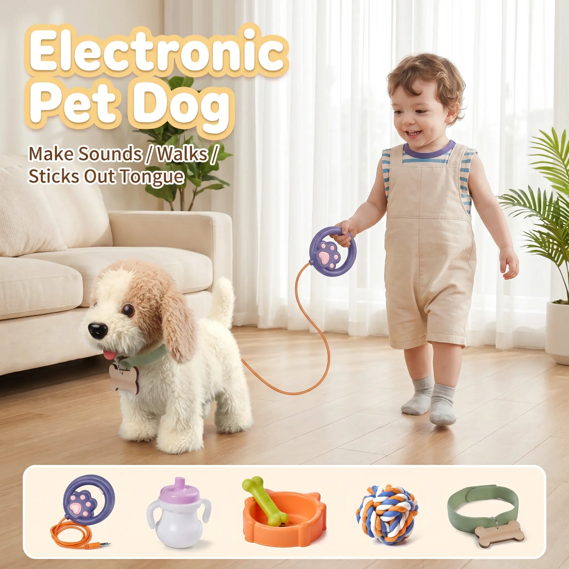 TUMAMA Interactive Realistic Puppy Toy - Walking and Barking Plush Dog with Leash, Songs, Touch and Voice Activation, DIY Feeding Set for Imaginative Play and Emotional Development