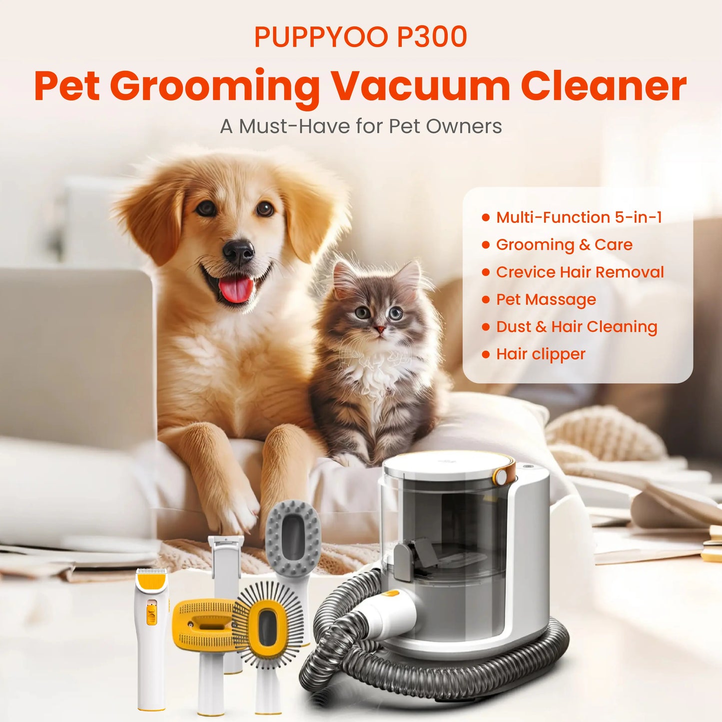 PUPPYOO 5-In-1 Professional Dog Grooming Kit with 13000Pa Vacuum, 1.5L Dust Cup, 4M Cord, Whisper-Quiet Operation, Adjustable Guard Combs, and Hair Remover Roller for Dogs and Cats