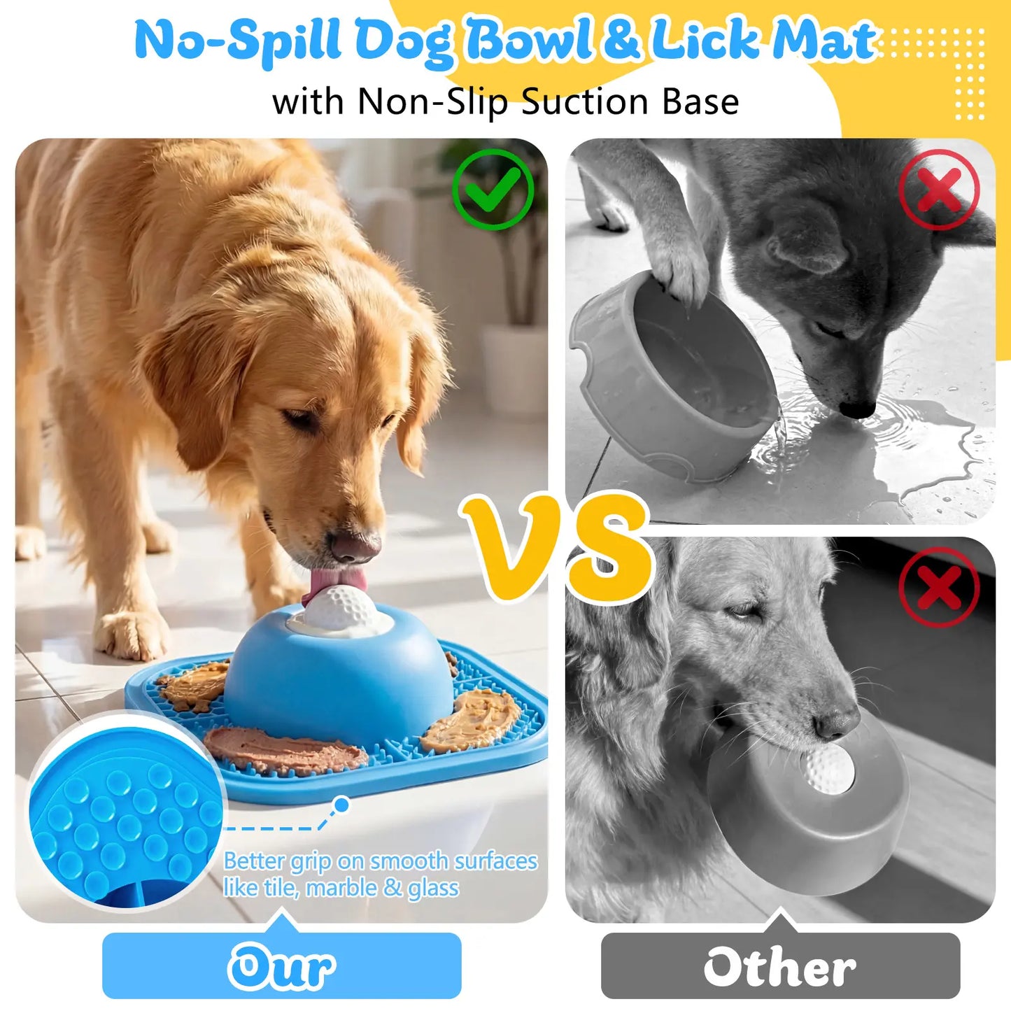 Anti-Slip Slow Feeder Dog Bowl and Lick Mat with Interactive Rolling Ball for Liquid and Thick Treats, Suitable for Large, Medium, and Small Dogs and Cats - Blue, 5/6 Cup Capacity