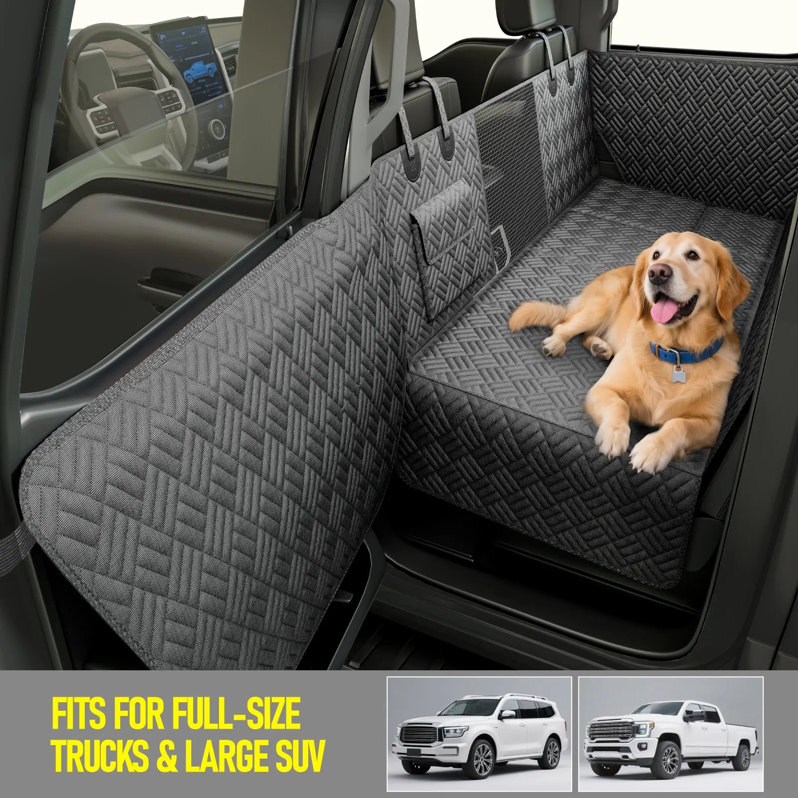 Premium Waterproof Dog Car Seat Cover with Rigid Base, Supports Up to 400 lbs | Innovative Hammock-Style Back Seat Extender for Cars, SUVs, and Full-Size Trucks (Available in Small and Large Sizes)