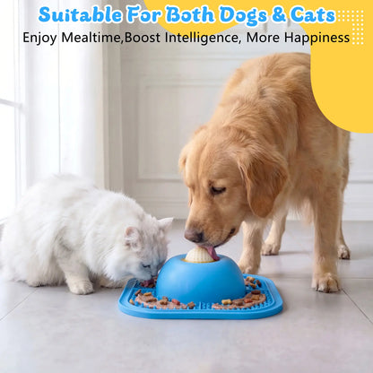 Anti-Slip Slow Feeder Dog Bowl and Lick Mat with Interactive Rolling Ball for Liquid and Thick Treats, Suitable for Large, Medium, and Small Dogs and Cats - Blue, 5/6 Cup Capacity