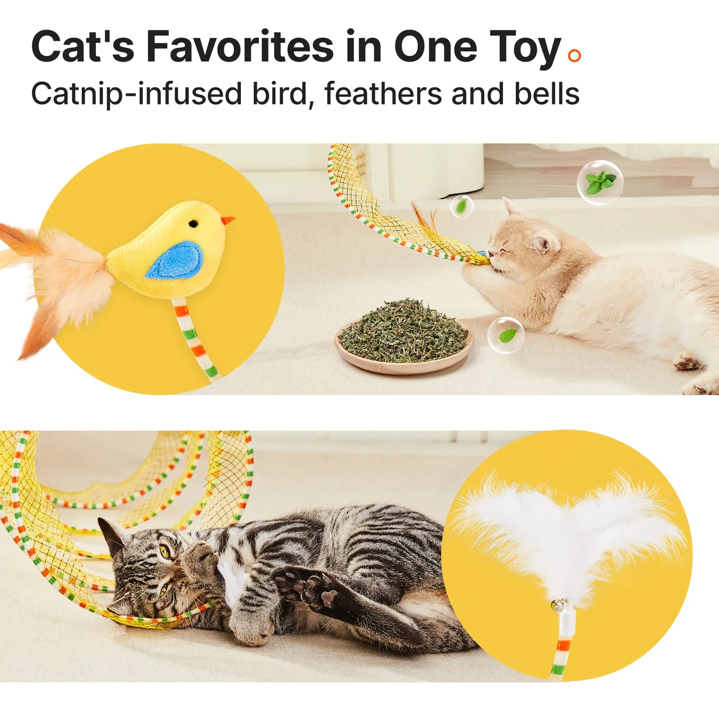Potaroma Collapsible Spiral Cat Tunnel Toy with Feather and Bell for Indoor Cats, 20" Unfolded