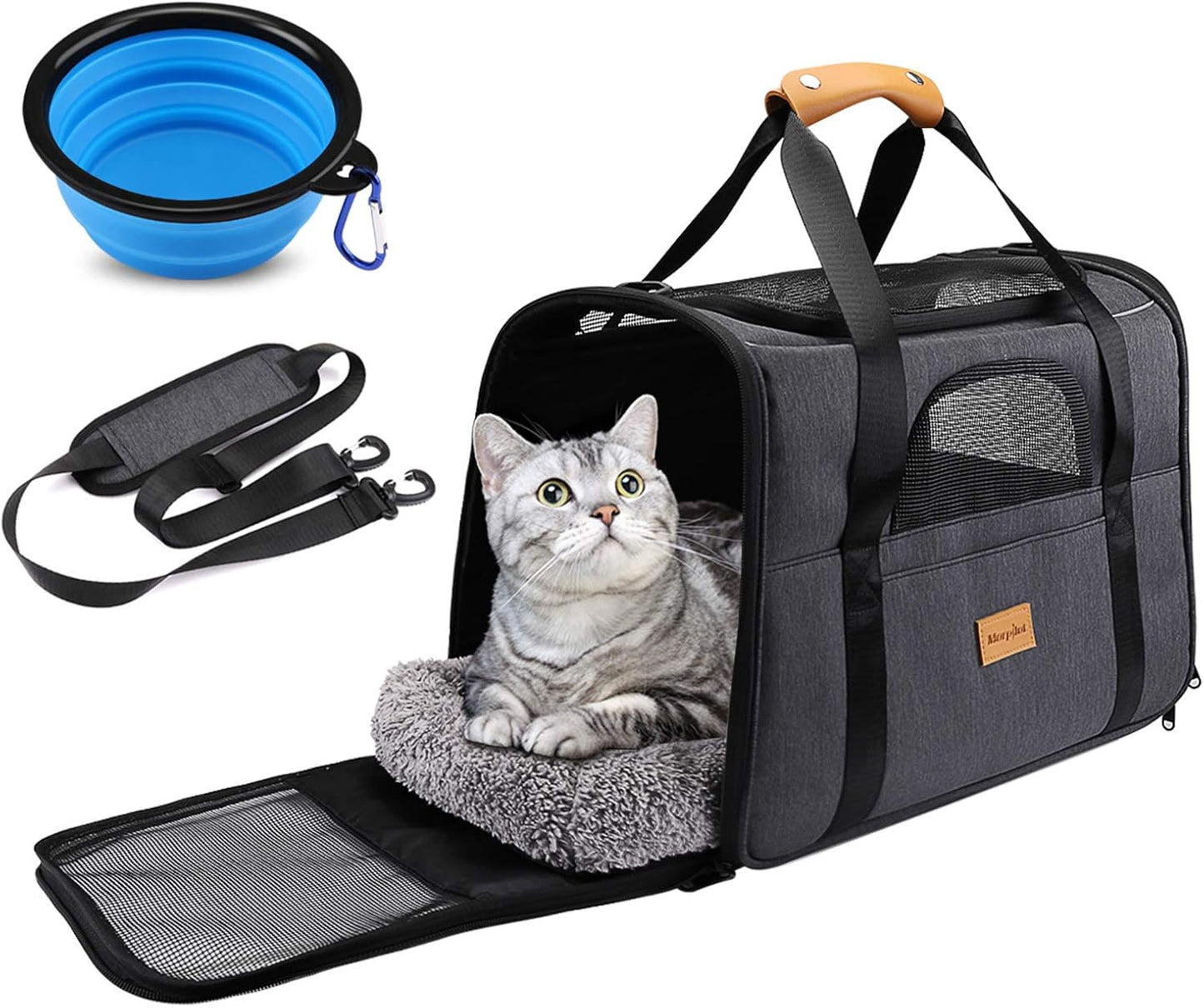 Portable Cat Carrier Bag for Small Pets, Foldable Soft-Sided Transport Carrier, Airline Approved with Shoulder Strap, Removable Mat, and Pet Bowl