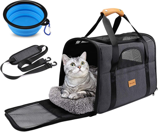 Portable Cat Carrier Bag for Small Pets, Foldable Soft-Sided Transport Carrier, Airline Approved with Shoulder Strap, Removable Mat, and Pet Bowl
