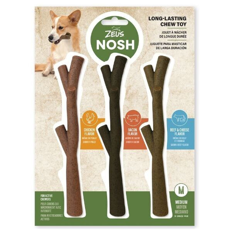 Zeus Nosh Trio Tough Nylon Dog Chew Toys - Chicken, Bacon, Beef, and Cheese Flavors