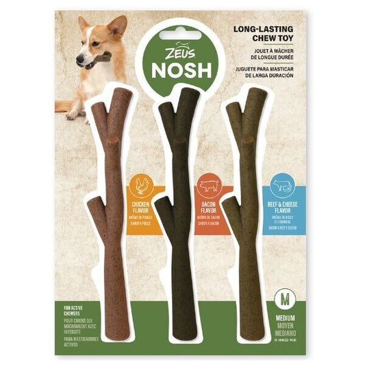 Zeus Nosh Trio Tough Nylon Dog Chew Toys - Chicken, Bacon, Beef, and Cheese Flavors