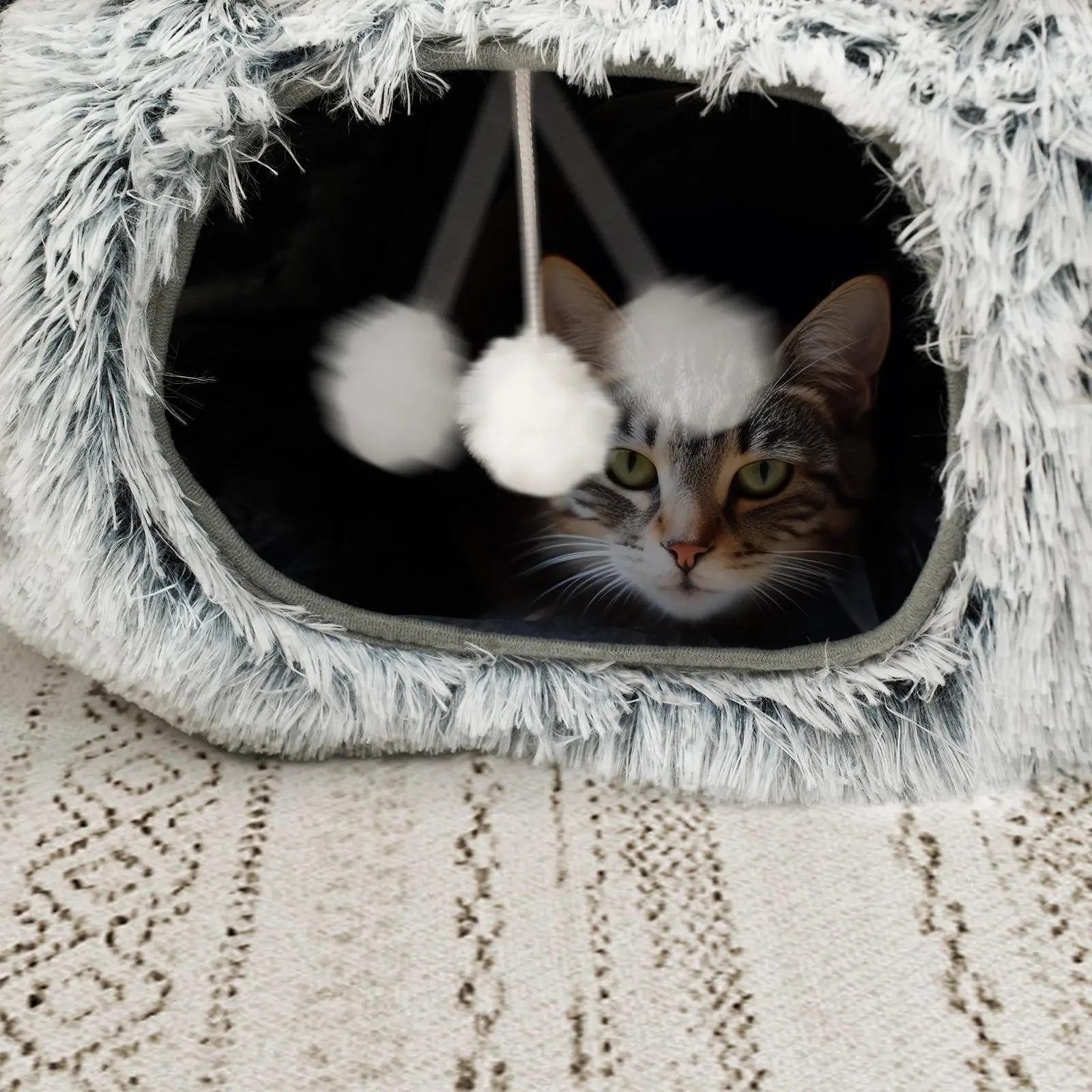 2-in-1 Foldable Winter Warm Pet Bed and Tunnel for Cats and Kittens, Plush Design with Hanging Ball and Tunnel Buckle, Ideal for Indoor and Outdoor Use