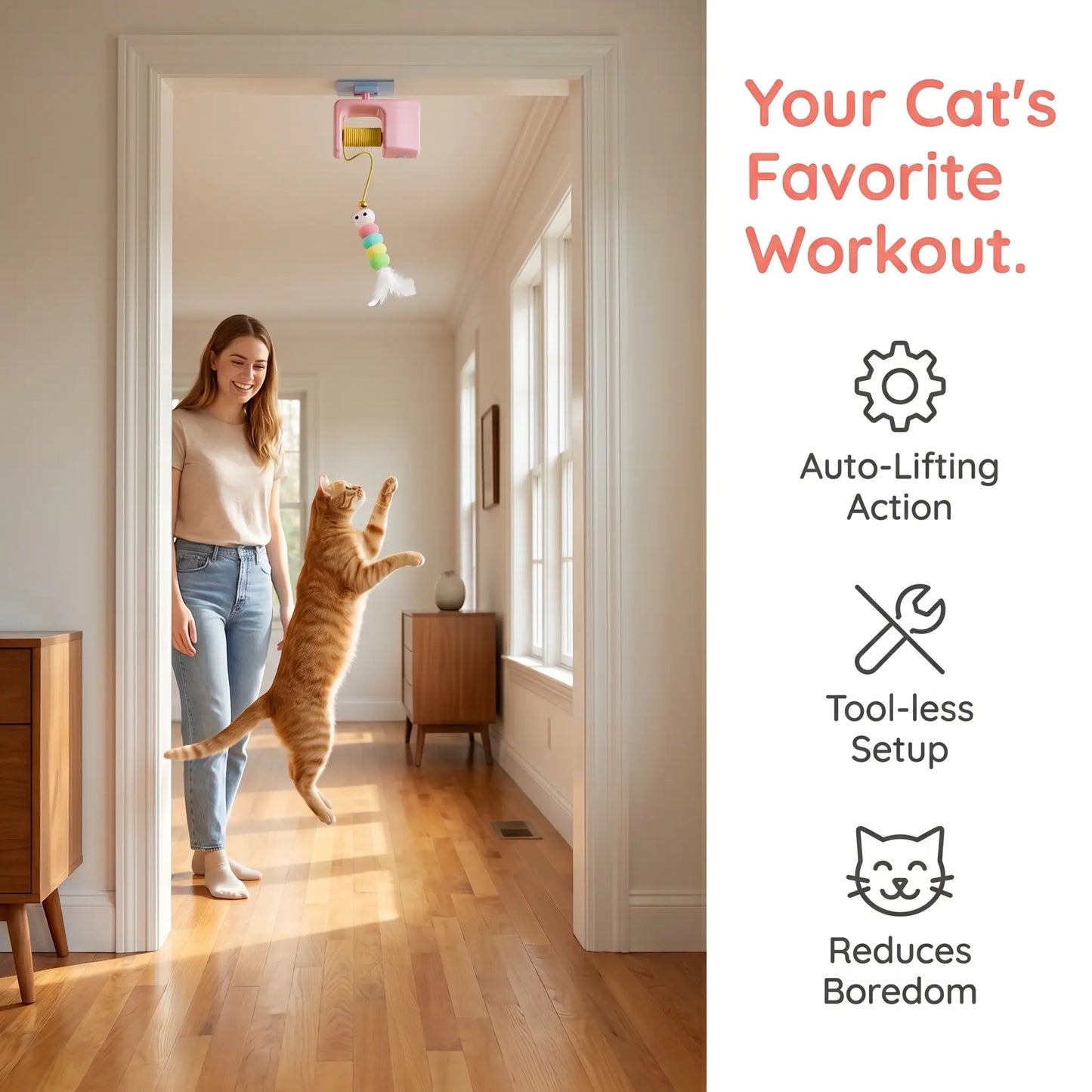 Interactive Retractable Bungee Cat Toy - Automatic Hanging Door Teaser, USB Rechargeable Self-Play Exercise Device for Indoor Boredom Relief and Pet Training