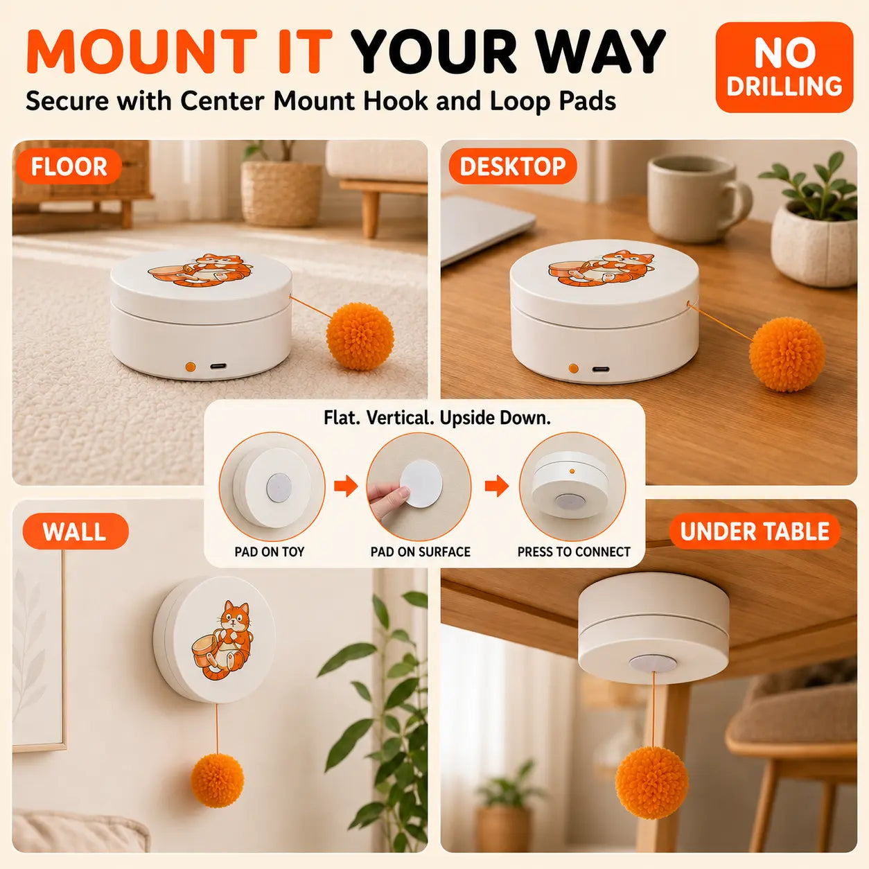 Smart Rotating Cat Teaser - Rechargeable Interactive Toy with 5 Play Modes, Touch Activation, Auto Sleep Feature, Multi-Surface Mounting, and Replaceable String for Indoor Cats and Kittens