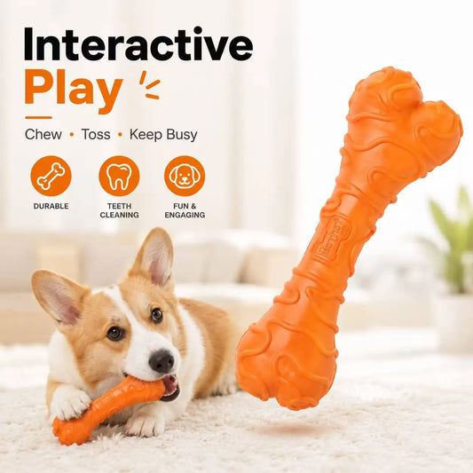 Durable Textured Rubber Chew Bone Toy for Small Dogs - Interactive Dental Toy for Teeth Cleaning and Play, Orange