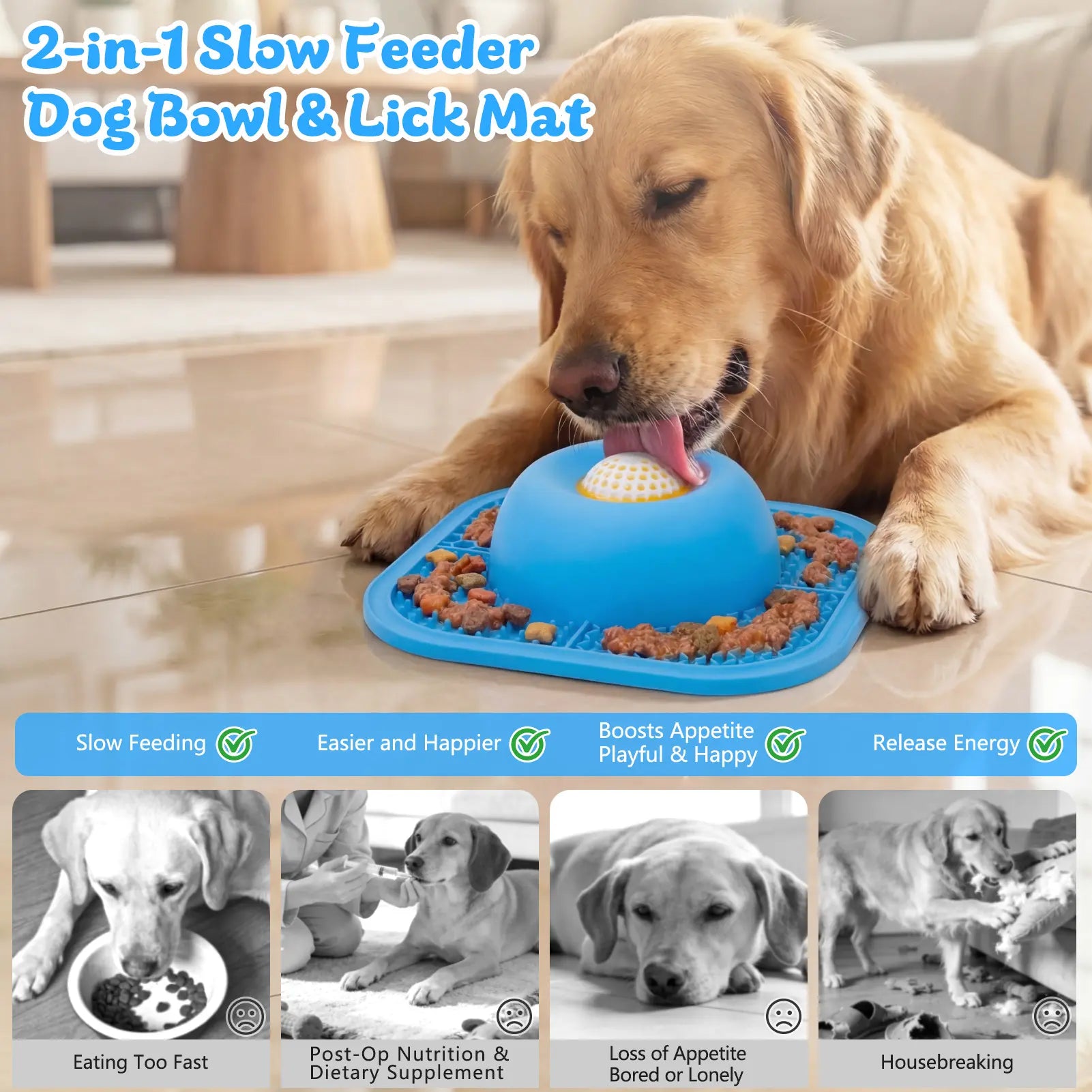 Anti-Slip Slow Feeder Dog Bowl and Lick Mat with Interactive Rolling Ball for Liquid and Thick Treats, Suitable for Large, Medium, and Small Dogs and Cats - Blue, 5/6 Cup Capacity