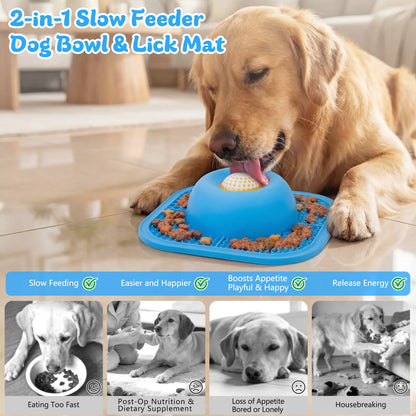 Anti-Slip Slow Feeder Dog Bowl and Lick Mat with Interactive Rolling Ball for Liquid and Thick Treats, Suitable for Large, Medium, and Small Dogs and Cats - Blue, 5/6 Cup Capacity