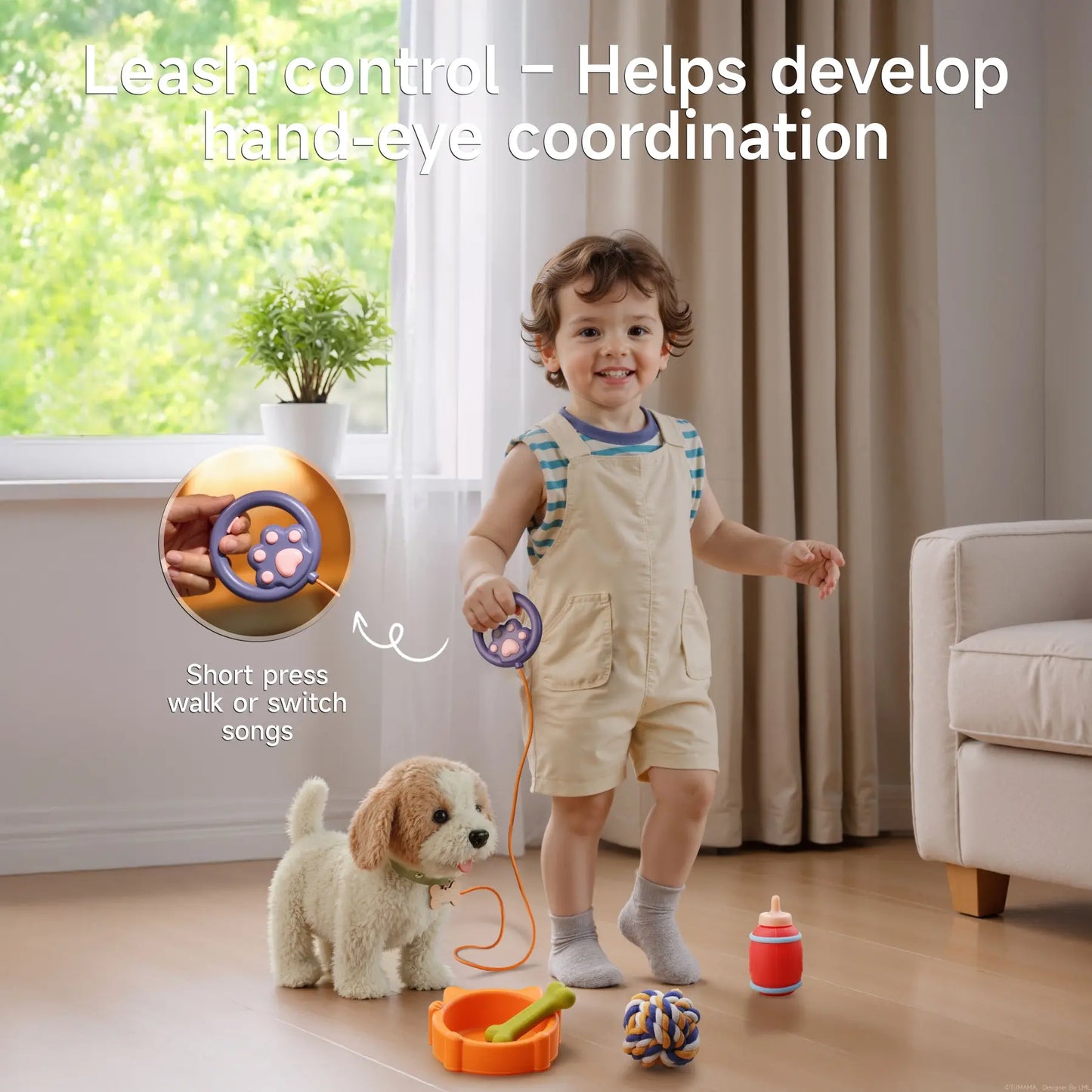 TUMAMA Interactive Realistic Puppy Toy - Walking and Barking Plush Dog with Leash, Songs, Touch and Voice Activation, DIY Feeding Set for Imaginative Play and Emotional Development