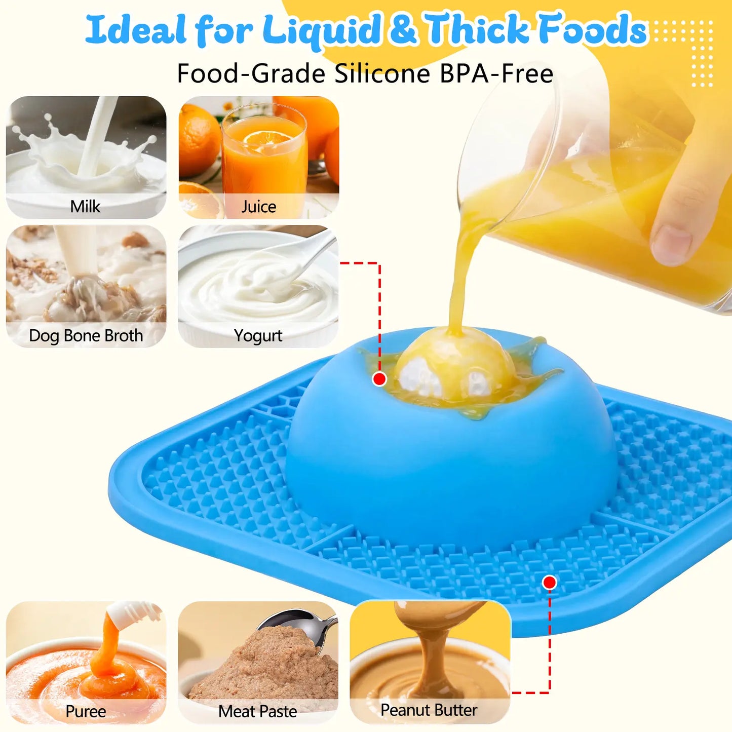 Anti-Slip Slow Feeder Dog Bowl and Lick Mat with Interactive Rolling Ball for Liquid and Thick Treats, Suitable for Large, Medium, and Small Dogs and Cats - Blue, 5/6 Cup Capacity