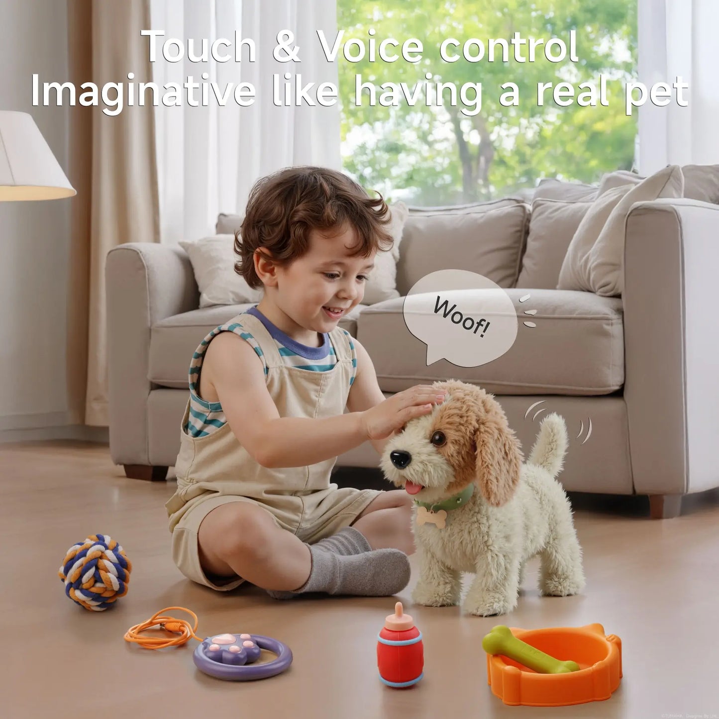 TUMAMA Interactive Realistic Puppy Toy - Walking and Barking Plush Dog with Leash, Songs, Touch and Voice Activation, DIY Feeding Set for Imaginative Play and Emotional Development
